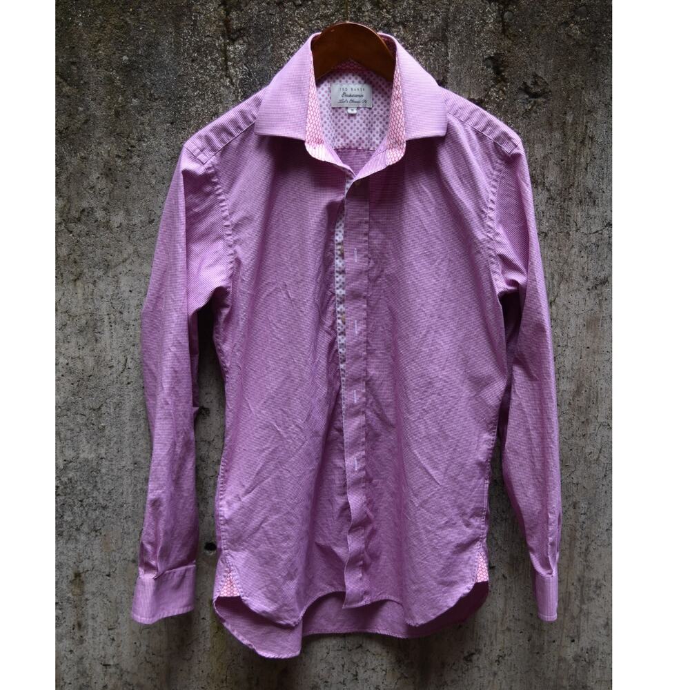 Ted Baker Endurance Classic Fit Long Sleeve Dress Shirt Pink Micro-Check Size 15